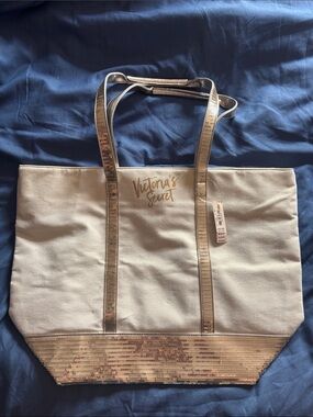 Victoria's Secret Cream Canvas Tote with Gold Sequin Accents